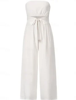 New Women's Normal Jumpsuit Streetwear Solid Color Sleeveless Strapless Lace up Backless Street Daily Regular Fit White Green Apricot Summer Women Jumpsuits