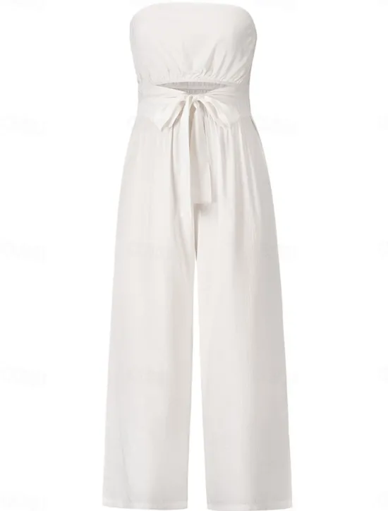 New Women's Normal Jumpsuit Streetwear Solid Color Sleeveless Strapless Lace up Backless Street Daily Regular Fit White Green Apricot Summer Women Jumpsuits