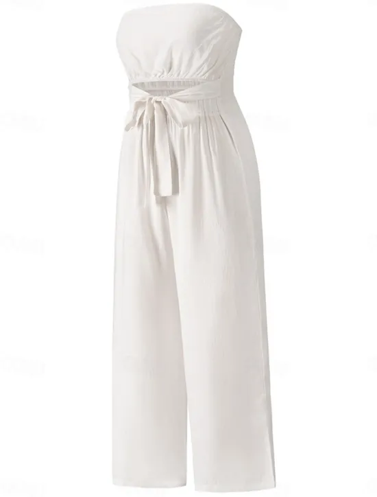 New Women's Normal Jumpsuit Streetwear Solid Color Sleeveless Strapless Lace up Backless Street Daily Regular Fit White Green Apricot Summer Women Jumpsuits
