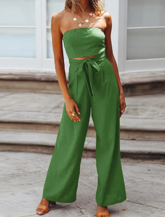 New Women's Normal Jumpsuit Streetwear Solid Color Sleeveless Strapless Lace up Backless Street Daily Regular Fit White Green Apricot Summer Women Jumpsuits