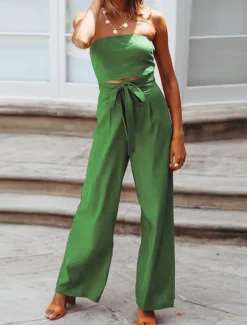 New Women's Normal Jumpsuit Streetwear Solid Color Sleeveless Strapless Lace up Backless Street Daily Regular Fit White Green Apricot Summer Women Jumpsuits