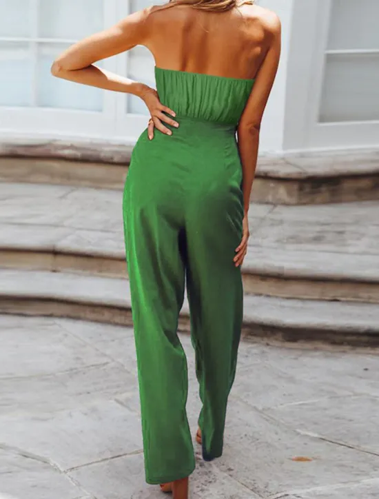 New Women's Normal Jumpsuit Streetwear Solid Color Sleeveless Strapless Lace up Backless Street Daily Regular Fit White Green Apricot Summer Women Jumpsuits