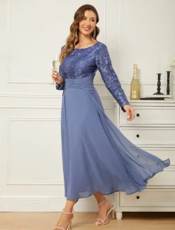 Women's Normal Maxi Dress Lace Dress Chiffon Dress Elegant Stylish Party Wedding Guest Date Regular Fit Solid Color Long Sleeve Crew Neck Summer Women Cocktail Dress