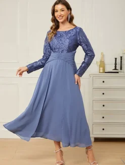 Women's Normal Maxi Dress Lace Dress Chiffon Dress Elegant Stylish Party Wedding Guest Date Regular Fit Solid Color Long Sleeve Crew Neck Summer Women Cocktail Dress