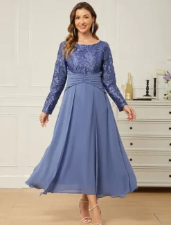 Women's Normal Maxi Dress Lace Dress Chiffon Dress Elegant Stylish Party Wedding Guest Date Regular Fit Solid Color Long Sleeve Crew Neck Summer Women Cocktail Dress