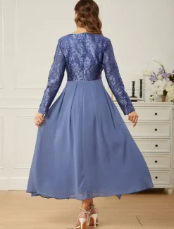Women's Normal Maxi Dress Lace Dress Chiffon Dress Elegant Stylish Party Wedding Guest Date Regular Fit Solid Color Long Sleeve Crew Neck Summer Women Cocktail Dress