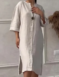 Discount Women's Normal Maxi Dress Linen-Inspired Dresses Cotton Maxi Dress Casual Street Regular Fit Solid Color Crew Neck Royal Blue Green Apricot Spring Fall Women Dresses
