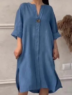 Discount Women's Normal Maxi Dress Linen-Inspired Dresses Cotton Maxi Dress Casual Street Regular Fit Solid Color Crew Neck Royal Blue Green Apricot Spring Fall Women Dresses