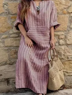 Clearance Women's Normal Maxi Dress Cotton Linen Dresses Vintage Dress Stylish Casual Work Daily Loose Fit Stripe Long Sleeve V Neck Red Green Gray Spring Fall Women Dresses