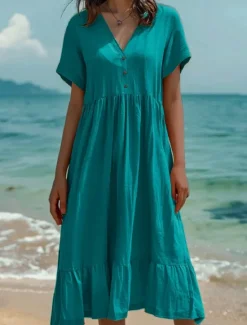 Women's Normal Midi Dress Cotton Linen Dresses Casual Dress Casual Street Regular Fit Solid Color Short Sleeve V Neck Light Green Dark Green Orange Dark Grey Summer Women Dresses