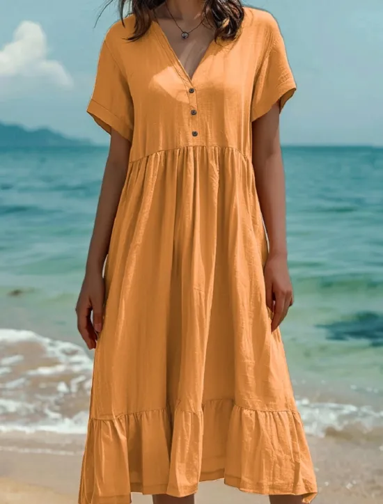 Women's Normal Midi Dress Cotton Linen Dresses Casual Dress Casual Street Regular Fit Solid Color Short Sleeve V Neck Light Green Dark Green Orange Dark Grey Summer Women Dresses
