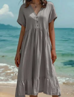 Women's Normal Midi Dress Cotton Linen Dresses Casual Dress Casual Street Regular Fit Solid Color Short Sleeve V Neck Light Green Dark Green Orange Dark Grey Summer Women Dresses