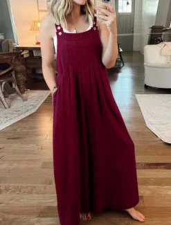 Best Women's Normal Overall Active Solid Color Sleeveless Round Neck Buttons Pocket Vacation Daily Regular Fit Yellow Wine Apricot Summer Women Jumpsuits