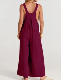 Best Women's Normal Overall Active Solid Color Sleeveless Round Neck Buttons Pocket Vacation Daily Regular Fit Yellow Wine Apricot Summer Women Jumpsuits