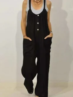 Discount Women's Normal Overall Dungarees Streetwear Solid Color Sleeveless V Neck Buttons Pocket Street Daily Regular Fit Black Khaki Summer Women Overalls