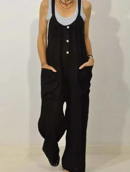 Discount Women's Normal Overall Dungarees Streetwear Solid Color Sleeveless V Neck Buttons Pocket Street Daily Regular Fit Black Khaki Summer Women Overalls