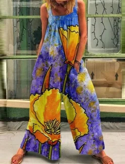 Online Women's Normal Overall Holiday Floral Sleeveless Wide Leg Square Neck Pocket Print Street Daily Regular Fit Yellow Light Green Pink Summer Women Overalls
