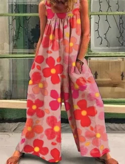 Online Women's Normal Overall Holiday Floral Sleeveless Wide Leg Square Neck Pocket Print Street Daily Regular Fit Yellow Light Green Pink Summer Women Overalls