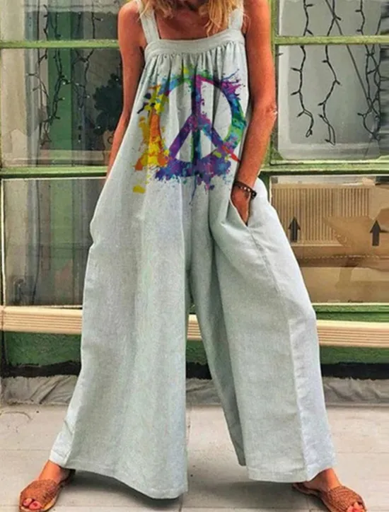 Online Women's Normal Overall Holiday Floral Sleeveless Wide Leg Square Neck Pocket Print Street Daily Regular Fit Yellow Light Green Pink Summer Women Overalls