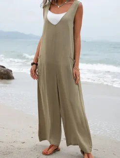 Hot Women's Normal Overall Streetwear Solid Color Sleeveless V Neck Pocket Street Daily Regular Fit Black Pink Green Summer Women Overalls