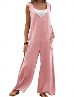 Hot Women's Normal Overall Streetwear Solid Color Sleeveless V Neck Pocket Street Daily Regular Fit Black Pink Green Summer Women Overalls