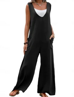 Hot Women's Normal Overall Streetwear Solid Color Sleeveless V Neck Pocket Street Daily Regular Fit Black Pink Green Summer Women Overalls