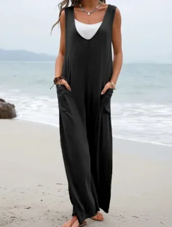 Hot Women's Normal Overall Streetwear Solid Color Sleeveless V Neck Pocket Street Daily Regular Fit Black Pink Green Summer Women Overalls