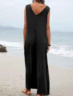 Hot Women's Normal Overall Streetwear Solid Color Sleeveless V Neck Pocket Street Daily Regular Fit Black Pink Green Summer Women Overalls
