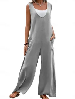 Hot Women's Normal Overall Streetwear Solid Color Sleeveless V Neck Pocket Street Daily Regular Fit Black Pink Green Summer Women Overalls