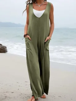 Hot Women's Normal Overall Streetwear Solid Color Sleeveless V Neck Pocket Street Daily Regular Fit Black Pink Green Summer Women Overalls