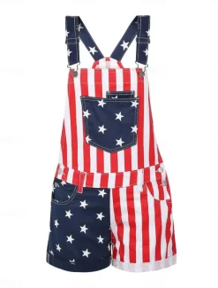 Best Women's Normal Overall Streetwear National Flag Sleeveless Square Neck Buttons Pocket Street Daily Regular Fit Black Red Summer Women Overalls