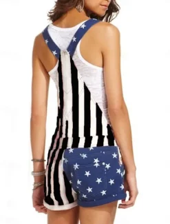 Best Women's Normal Overall Streetwear National Flag Sleeveless Square Neck Buttons Pocket Street Daily Regular Fit Black Red Summer Women Overalls