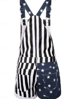 Best Women's Normal Overall Streetwear National Flag Sleeveless Square Neck Buttons Pocket Street Daily Regular Fit Black Red Summer Women Overalls