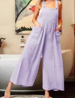Outlet Women's Normal Overall Streetwear Solid Color Sleeveless U Neck Buttons Pocket Street Daily Regular Fit Pink Purple Fuchsia Summer Women Overalls