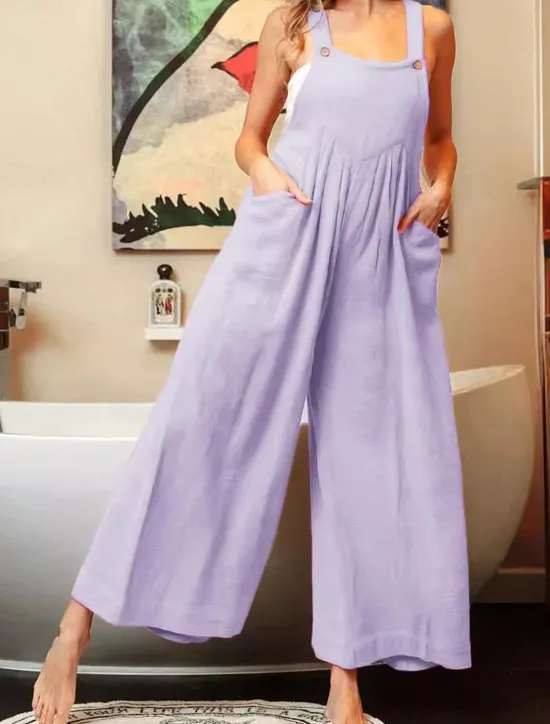 Outlet Women's Normal Overall Streetwear Solid Color Sleeveless U Neck Buttons Pocket Street Daily Regular Fit Pink Purple Fuchsia Summer Women Overalls