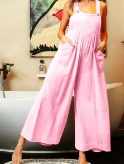 Outlet Women's Normal Overall Streetwear Solid Color Sleeveless U Neck Buttons Pocket Street Daily Regular Fit Pink Purple Fuchsia Summer Women Overalls