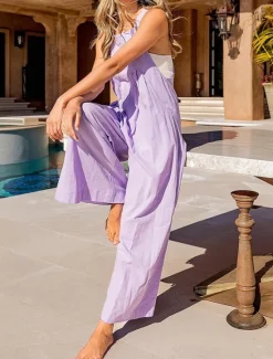Outlet Women's Normal Overall Streetwear Solid Color Sleeveless U Neck Buttons Pocket Street Daily Regular Fit Pink Purple Fuchsia Summer Women Overalls