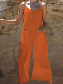 Discount Women's Normal Overall Streetwear Solid Color Sleeveless V Neck Pocket Street Daily Regular Fit White Pink Orange Summer Women Overalls|Sets