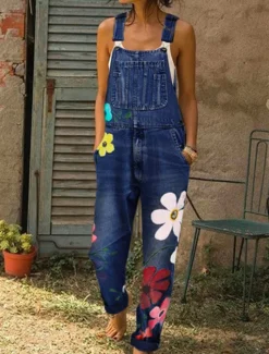 Hot Women's Normal Overall Streetwear Floral Sleeveless Pocket Print Daily Going out Regular Fit Blue Gray Light Blue Women Overalls