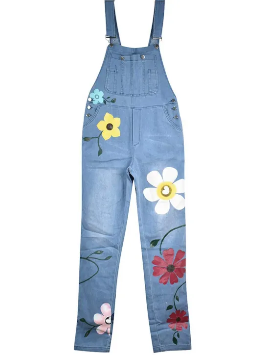 Hot Women's Normal Overall Streetwear Floral Sleeveless Pocket Print Daily Going out Regular Fit Blue Gray Light Blue Women Overalls