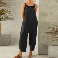 Discount Women's Normal Pants Trousers Jumpsuit Rompers Fashion Ankle-Length Mid Waist Plain Side Pockets Wide Leg Comfort Micro-elastic Casual Weekend Black Dusty Rose Red Blue Summer Spring & Fall Loose Fit Women Overalls