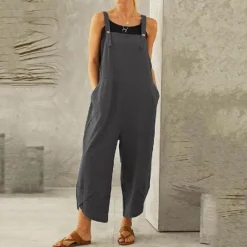 Discount Women's Normal Pants Trousers Jumpsuit Rompers Fashion Ankle-Length Mid Waist Plain Side Pockets Wide Leg Comfort Micro-elastic Casual Weekend Black Dusty Rose Red Blue Summer Spring & Fall Loose Fit Women Overalls