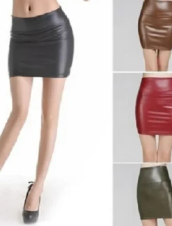 Best Women's Normal Pencil Bodycon Work Skirts Sexy Mini High Waist Skirts Solid Colored Inelastic Holiday Casual Daily Black Red Brown Summer PU Faux Leather Women Skirts
