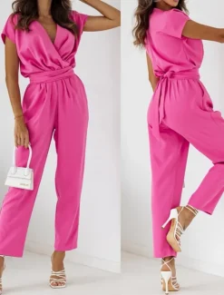New Women's Normal2 Pieces SetsStreetwear Casual Half Sleeve V Neck Solid Color Pocket Belted Street Daily Going out Black Fuchsia Apricot Summer Regular Fit Women Two Piece Sets