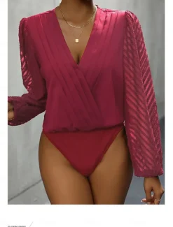 Hot Women's Normal Playsuit Stylish Solid Color Long Sleeve V Neck Party Work Regular Fit Black Red Green Spring Women Bodysuits