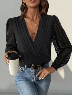 Hot Women's Normal Playsuit Stylish Solid Color Long Sleeve V Neck Party Work Regular Fit Black Red Green Spring Women Bodysuits