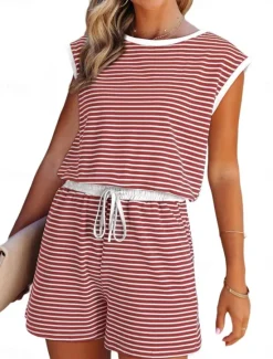 Women's Normal Romper Active Striped Short Sleeve Round Neck Pocket Drawstring Vacation Daily Regular Fit Black White Pink Summer Women Graphic Jumpsuit