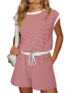 Women's Normal Romper Active Striped Short Sleeve Round Neck Pocket Drawstring Vacation Daily Regular Fit Black White Pink Summer Women Graphic Jumpsuit