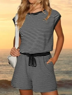 Women's Normal Romper Active Striped Short Sleeve Round Neck Pocket Drawstring Vacation Daily Regular Fit Black White Pink Summer Women Graphic Jumpsuit