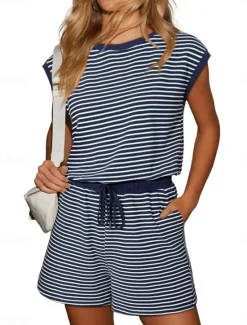 Women's Normal Romper Active Striped Short Sleeve Round Neck Pocket Drawstring Vacation Daily Regular Fit Black White Pink Summer Women Graphic Jumpsuit